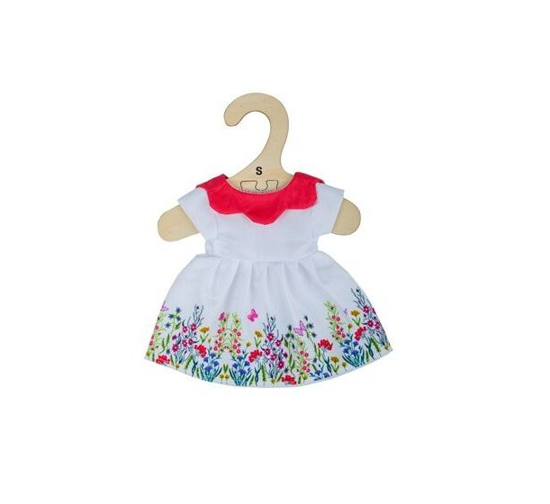 Hračka Bigjigs Toys Biele kvetinové šaty s červeným golierom pre bábiku 28 cm