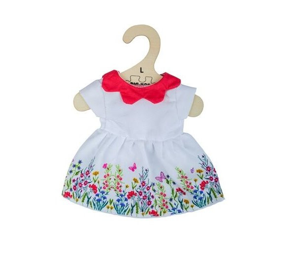 Hračka Bigjigs Toys Biele kvetinové šaty s červeným golierom pre bábiku 38 cm