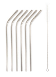Kovov slamky G21 BeEco Party 6 ks strieborn, zahnut + kefka na istenie