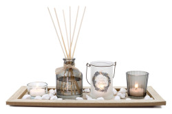 Svietnik / diffuser 36 x 14 x 1 cm, 5 dielov + dekorcia drevo/sklo